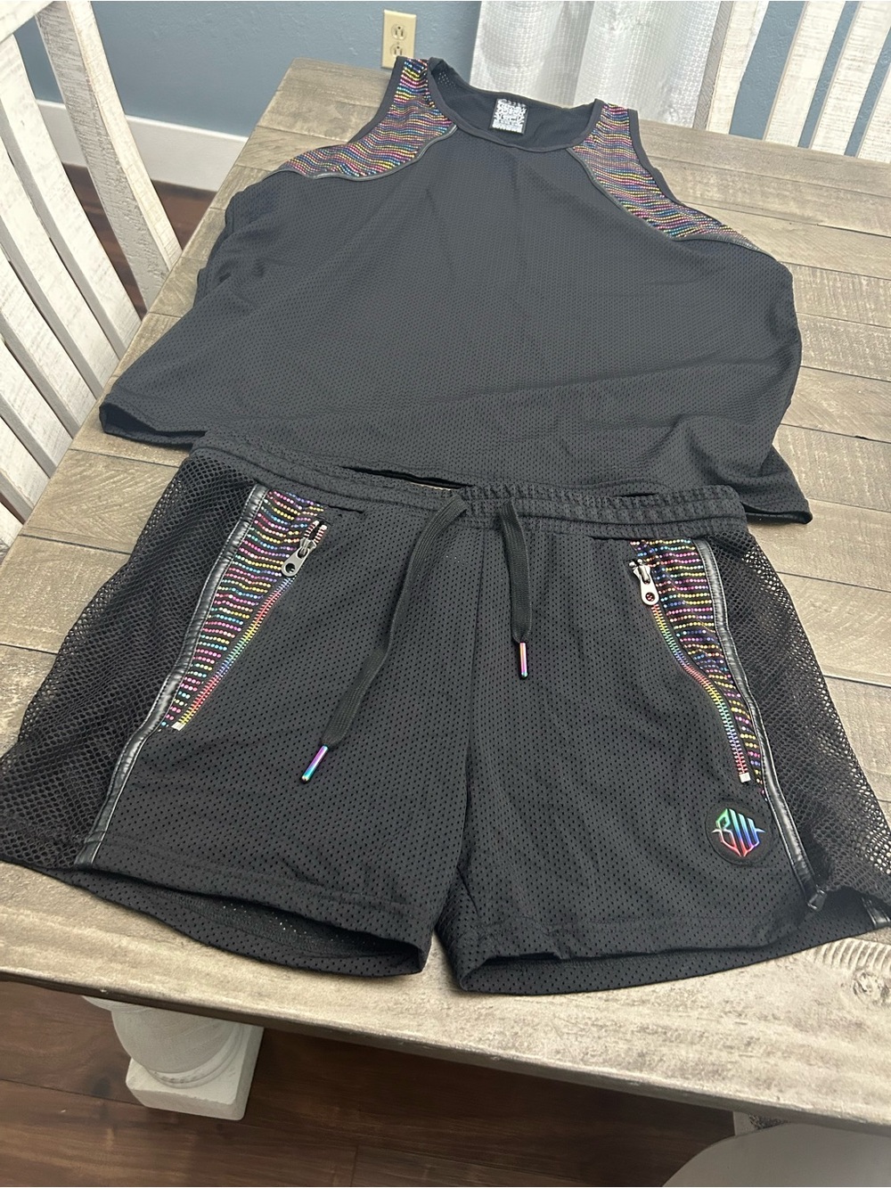 BREEDWELL 2piece set, Black Mesh Athletic Shorts with Rainbow-Trim Pockets